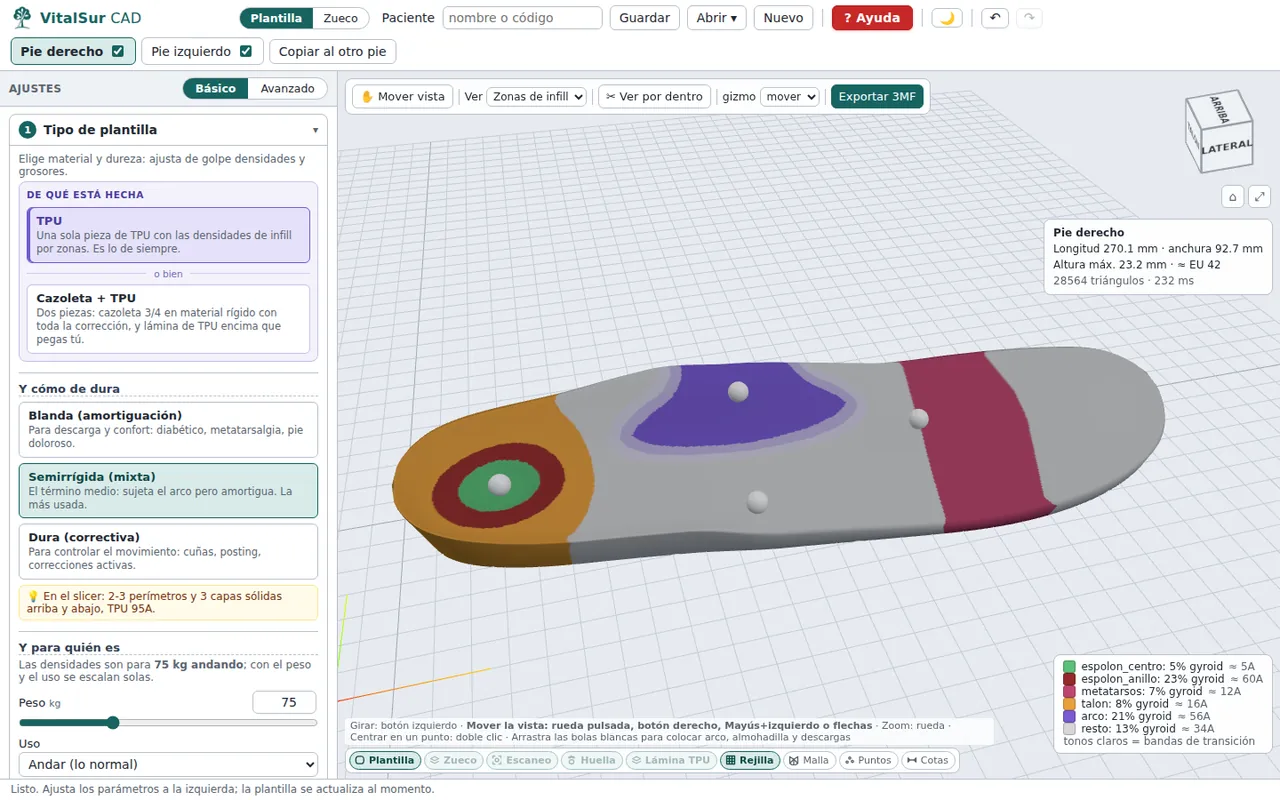 VitalSur CAD: una plantilla con sus zonas de dureza